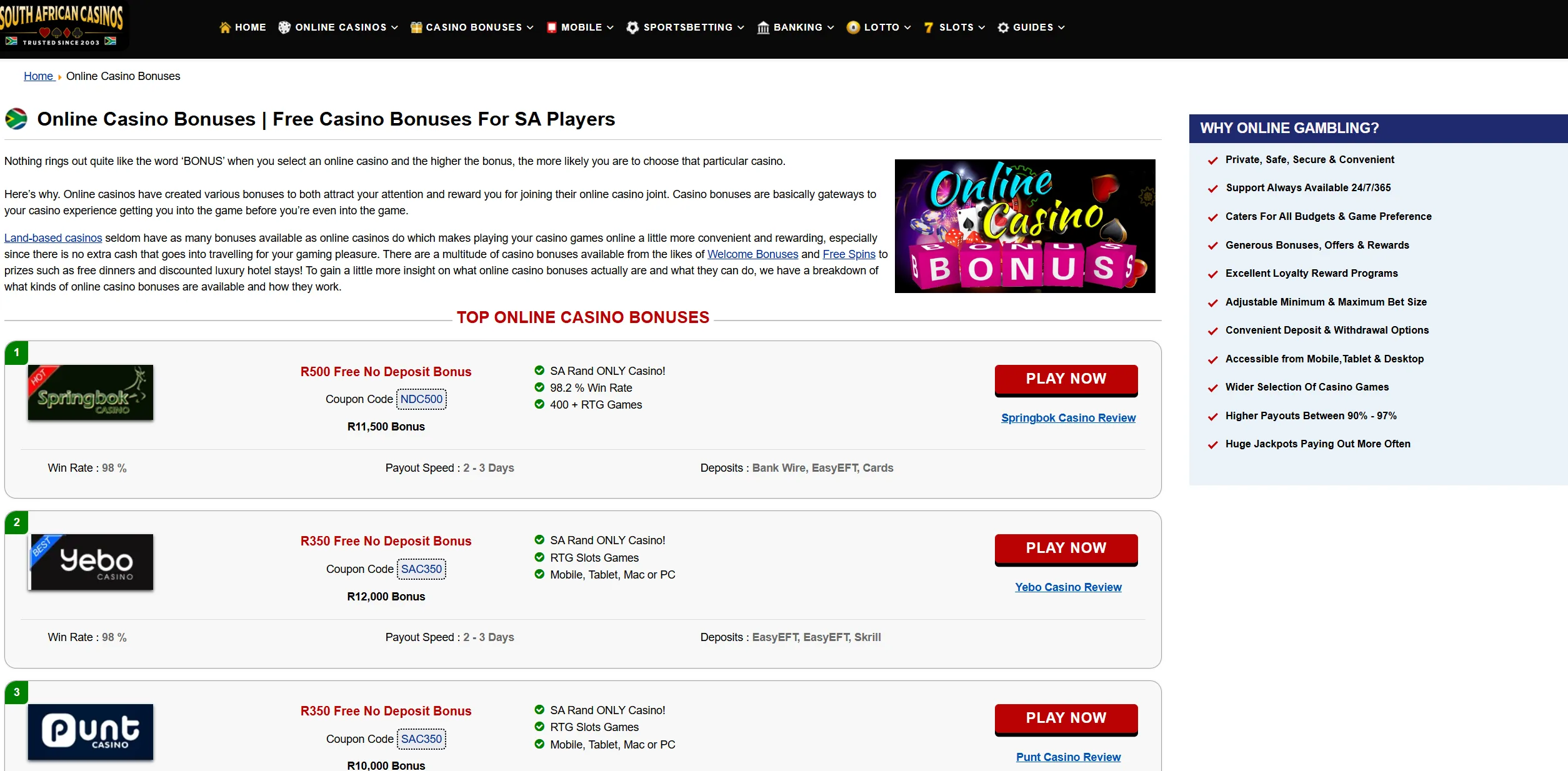 Screenshot of Southafricancasinos.co.za - Best Casino Bonus Offers for South African Players
